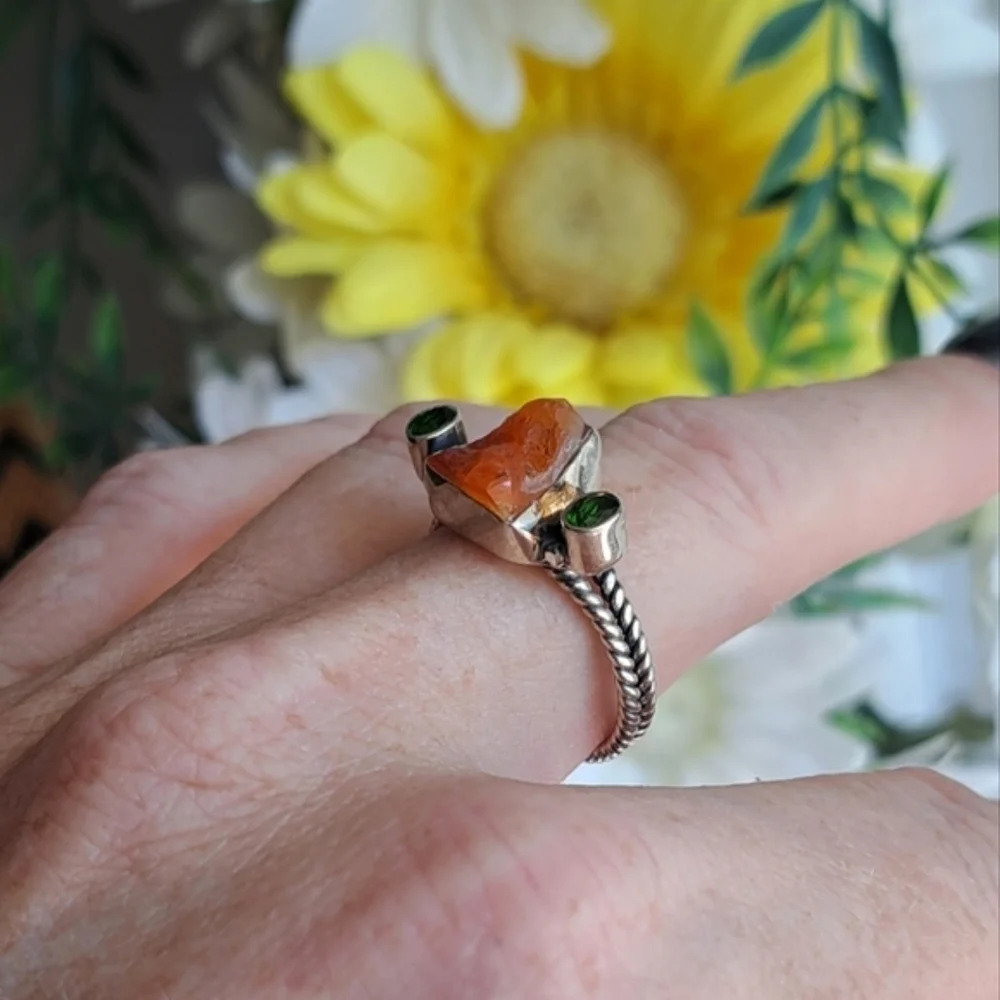 Raw Fire Opal & Natural Chrome Diopside In Sterling Silver. Sz.10 - Picture 3 of 5